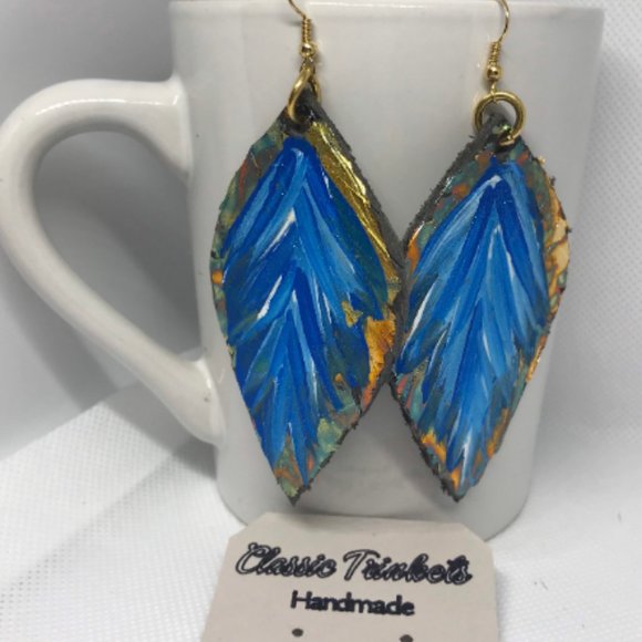 leather hand painted blue and gold leaf earrings - Picture 2 of 3